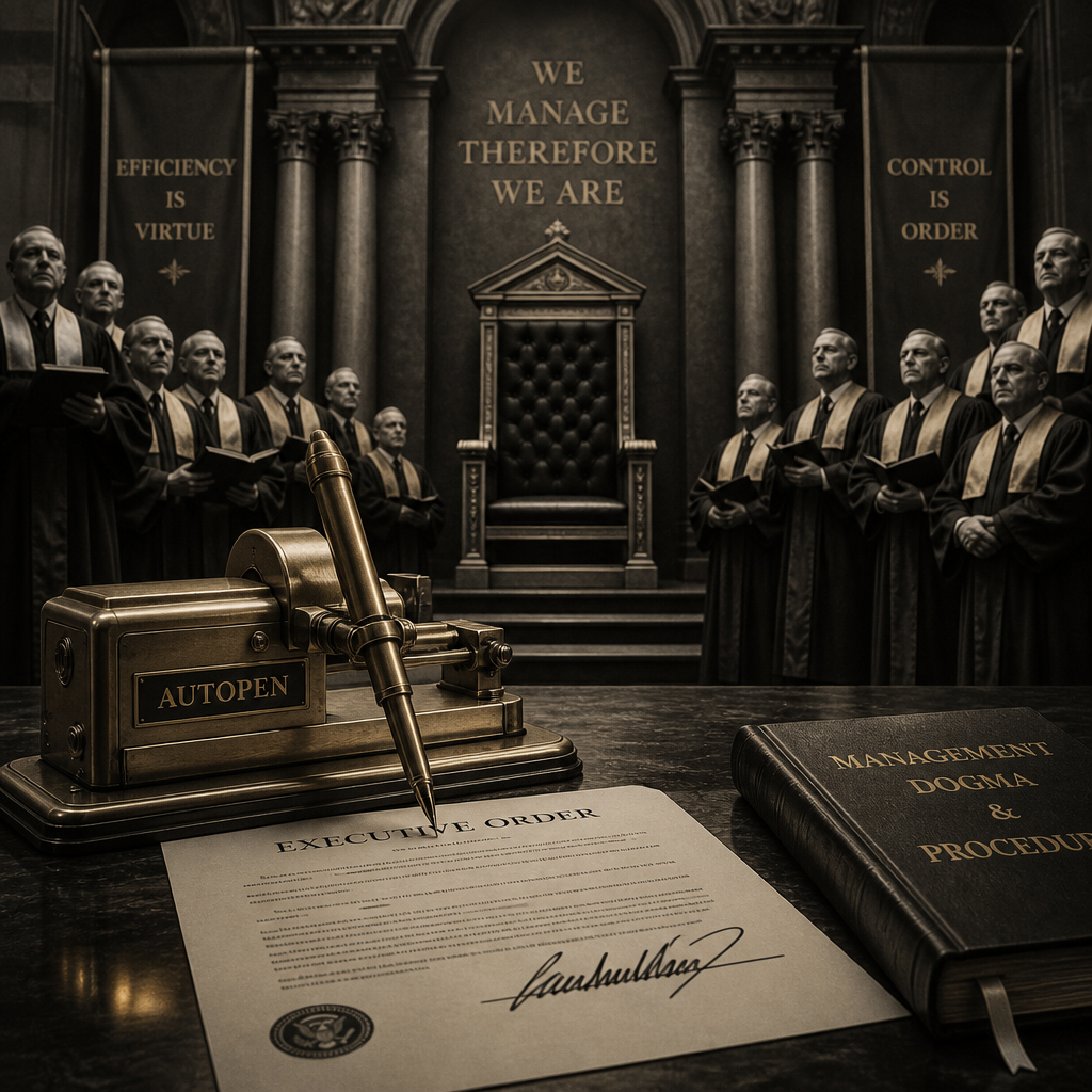 The Autopen Usurpation and the Hollow Throne of the Managerial Priesthood